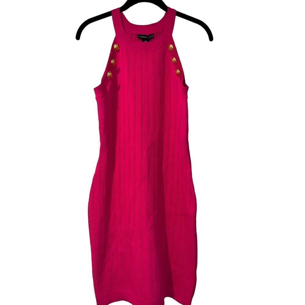 Sincerely Jules Hot Pink Ribbed Knit Dress with Gold Button Details E5